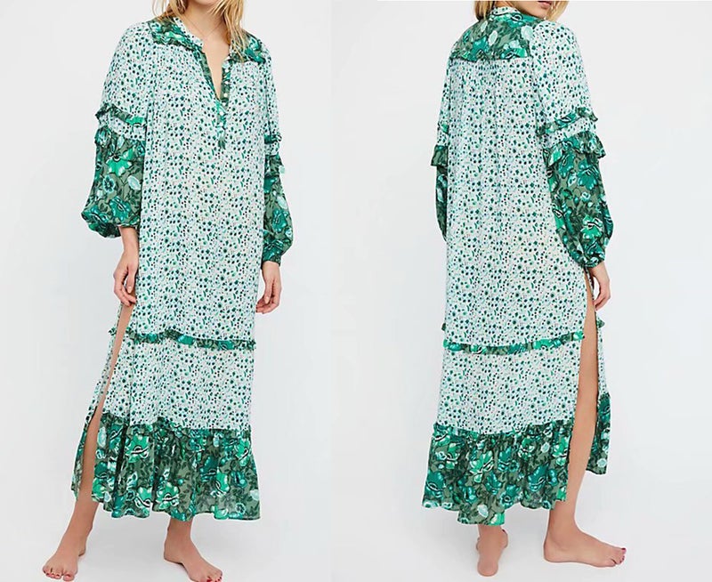 R.Vivimos Women's Long Sleeve Floral Print Bohemian Maxi Dresses with Slit (XL, Green) - Image 2